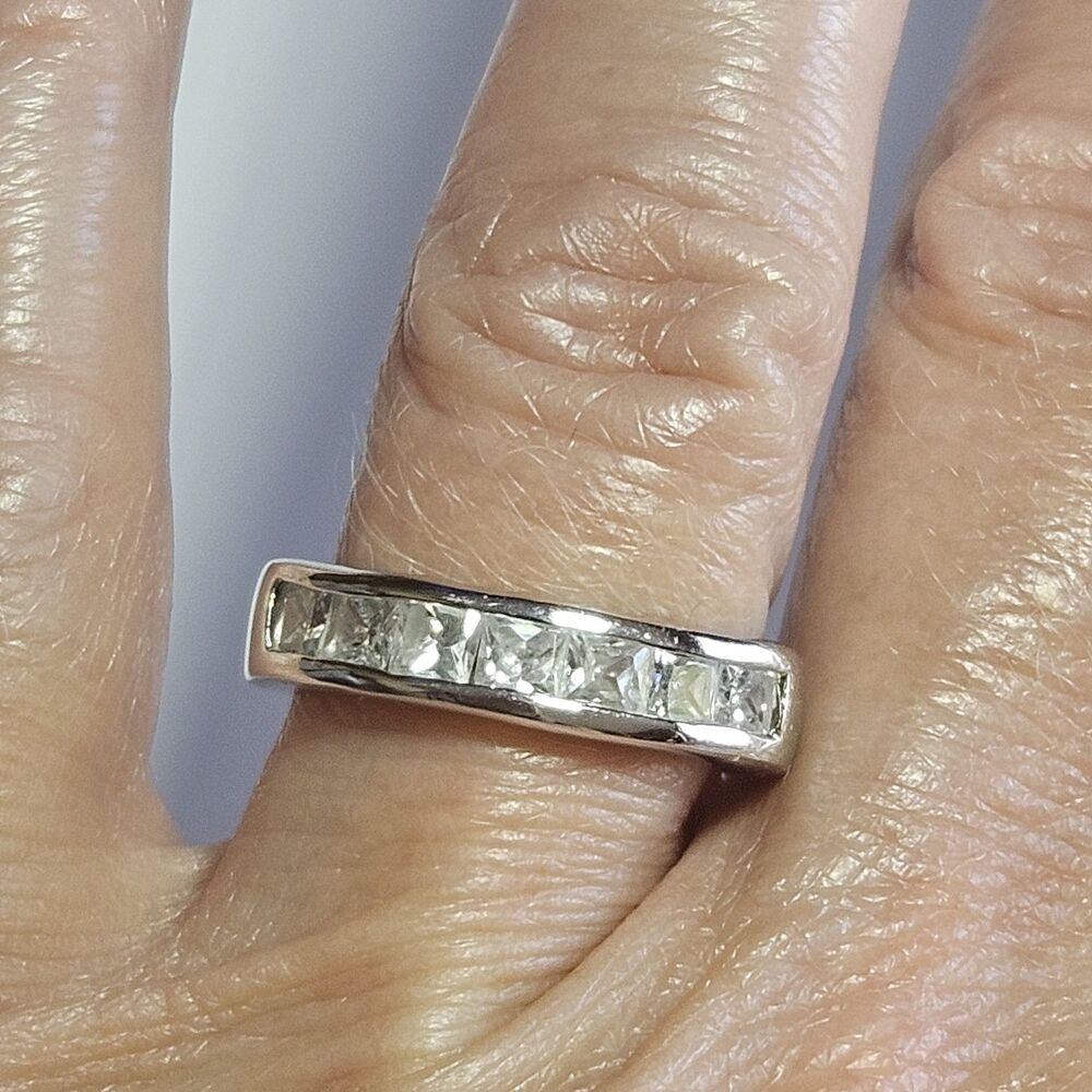 *Sale* Silver Tone Princess Cut Channel Set Rhinestone Band Size 6